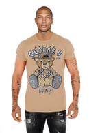 FRESH N FITTED beige cotton tee with rhinestone teddy bear graphic, plaid hat and vest, and "Big Boss" lettering.