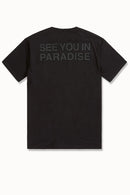 FRESH N FITTED black 100% cotton t-shirt with raised "SEE YOU IN PARADISE" lettering on back.