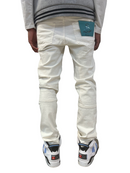 FRESH N FITTED De Largent white denim jeans with a slim fit and distressed details. Features a teal logo patch on the back pocket.