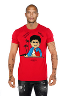Fresh N Fitted George V red cotton tee with Scarface graphic adorned with rhinestones and palm trees.