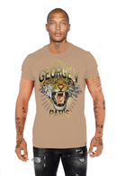 FRESH N FITTED beige cotton lycra t-shirt with a bold tiger face graphic and "GEORGE V PARIS" text embellished with rhinestones.
