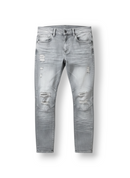 FRESH N FITTED grey washed up denim jeans with distressed details and whiskering.
