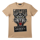 FRESH N FITTED beige cotton lycra t-shirt with a graphic print of a fierce tiger head and 'Avenue George V Paris' text.