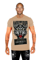 FRESH N FITTED beige cotton lycra t-shirt with a graphic of a fierce tiger head and 'Avenue George V Paris' text.