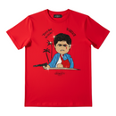 FRESH N FITTED red cotton lycra t-shirt with a graphic print of Scarface character and palm trees, embellished with rhinestones.