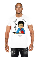 FRESH N FITTED white cotton lycra t-shirt with a sequined Scarface graphic and "Every dog has his day" text.