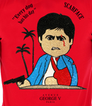 Fresh N Fitted red cotton tee with Scarface graphic adorned with rhinestones, palm trees, and quote.