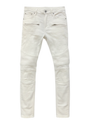 FRESH N FITTED De Largent white denim jeans with distressed details and zippered pockets.