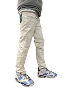 FRESH N FITTED De Largent white denim jeans with moto-style ribbed panels on the knees and zippered pockets.