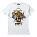 FRESH N FITTED white cotton lycra t-shirt with a bold, rhinestone-embellished tiger face graphic and "GEORGE V PARIS" text.