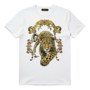 FRESH N FITTED white cotton lycra t-shirt with a bold graphic of a leopard and ornate gold detailing.