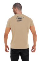 FRESH N FITTED beige cotton tee with George V Paris Big Boss rhinestone graphic on back.