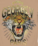 FRESH N FITTED beige cotton lycra tee with a roaring tiger face graphic embellished with rhinestones. Features 'GEORGE V PARIS' text.