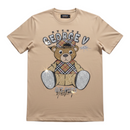 FRESH N FITTED George V beige cotton lycra t-shirt with sequined teddy bear graphic and plaid accents.