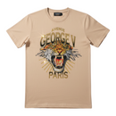 FRESH N FITTED George V beige cotton lycra tee with a crystal-embellished tiger face graphic and Paris text.