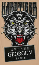 FRESH N FITTED beige cotton lycra tee with a black panther graphic adorned with rhinestones and 'HARD TIGER' text.