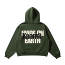 FRESH N FITTED KML 'SCRIPT' olive green heavyweight organic cotton hoodie with oversized drop shoulders and bold graphic text on back.