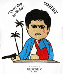 FRESH N FITTED white cotton lycra tee with a Scarface graphic and text. Features Tony Montana graphic with rhinestones, palm trees, and gun.