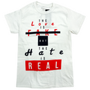 FRESH N FITTED white 100% cotton t-shirt with 'The Hate is Real' graphic print in red and black.