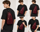 Collage of a person wearing a red snake-patterned sling bag from different angles.