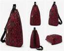 Red snake print sling bag shown from multiple angles on a white background