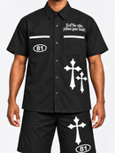 Switch Turbo black woven shirt front view, untucked on model
