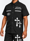 Switch Turbo black woven shirt angled view on model in FNF studio