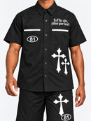 Switch Turbo black woven shirt walking view on model in FNF studio