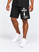 Black Switch Turbo Woven Shorts with adjustable waistband and relaxed fit, shown from an angled view.