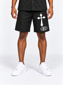 Black Switch Turbo Woven Shorts with front view, featuring a relaxed fit and adjustable waistband for casual wear.